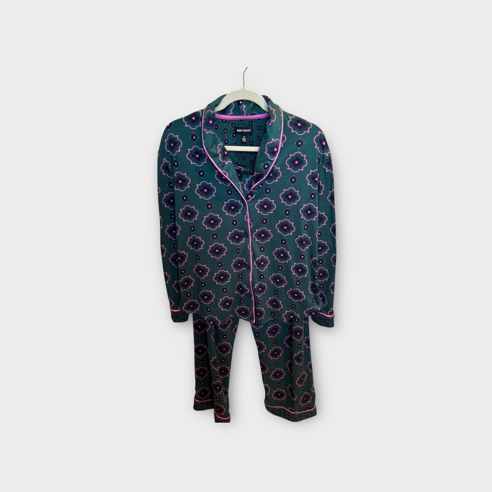 Room Service Womens Pajama Set L Green Pink Floral‎ Loungewear Sleepwear